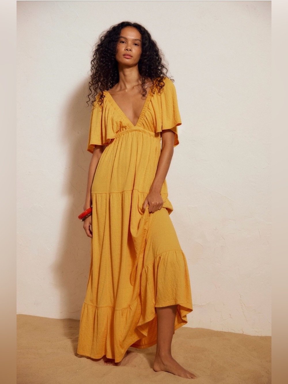 Free People La La Golden Yellow V-Neck Flutter Maxi Dress Size Small - Picture 5 of 12